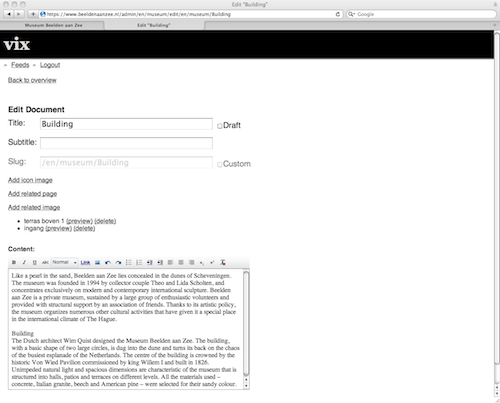 The Vix website-management interface editing a Museum Beelden aan Zee page